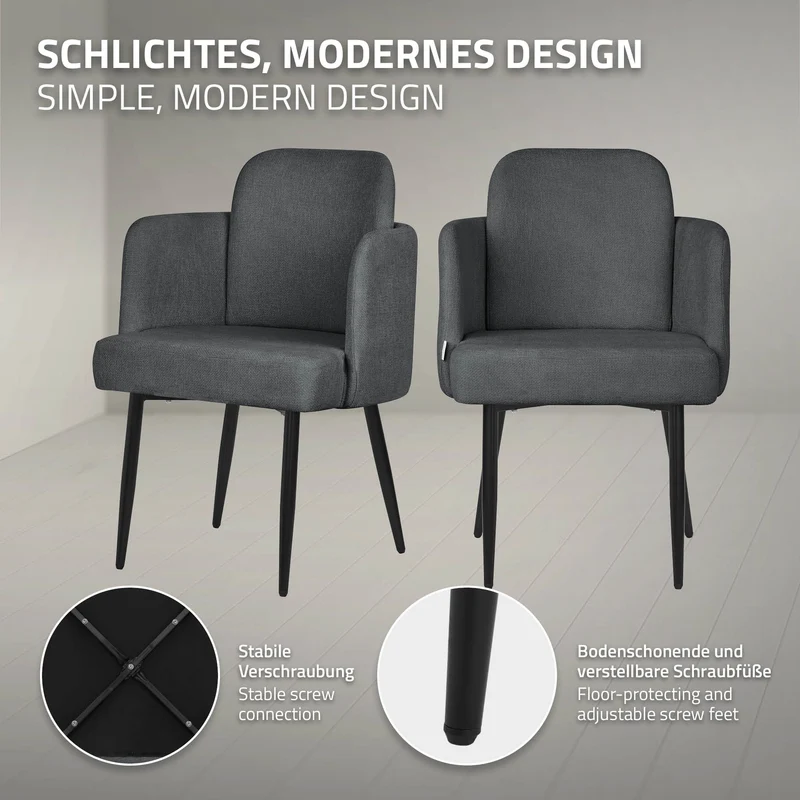 6er Set Esszimmerstühle mit Rücken- & Armlehne Anthrazit mit Metallbeinen bis 120 kg ML-Design