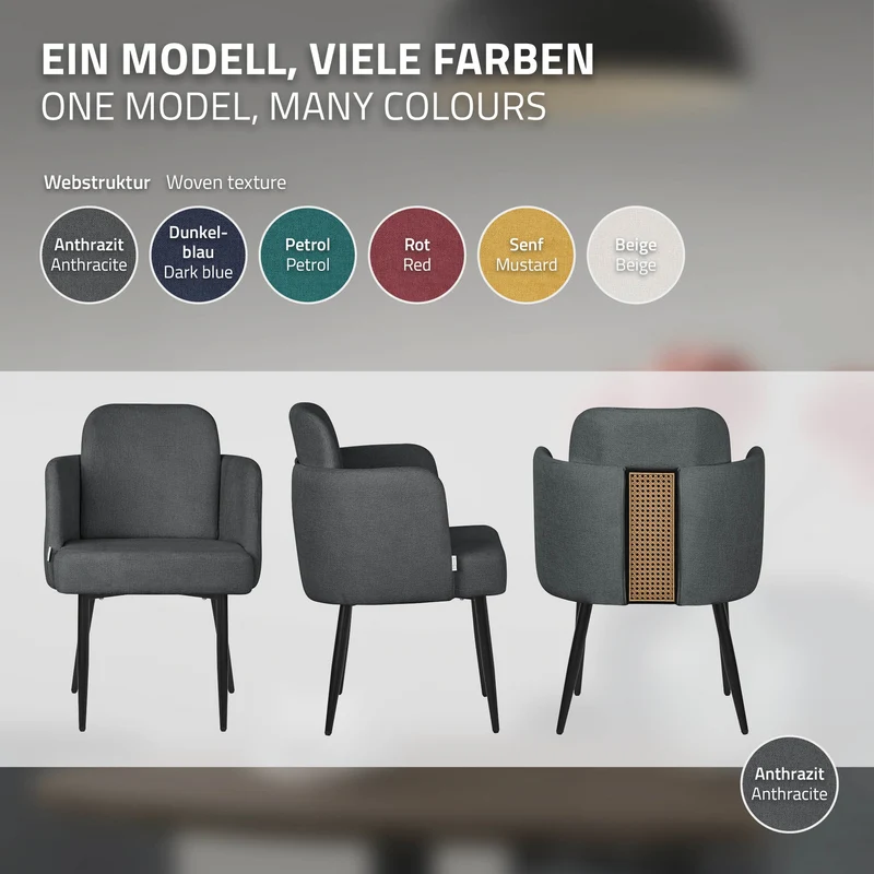 2er Set Esszimmerstühle mit Rücken- & Armlehne Anthrazit mit Metallbeinen bis 120 kg ML-Design