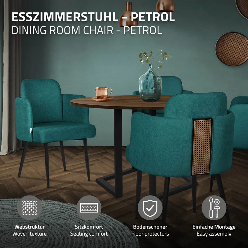 2er Set Esszimmerstühle mit Rücken- & Armlehne Petrol mit Metallbeinen bis 120 kg ML-Design
