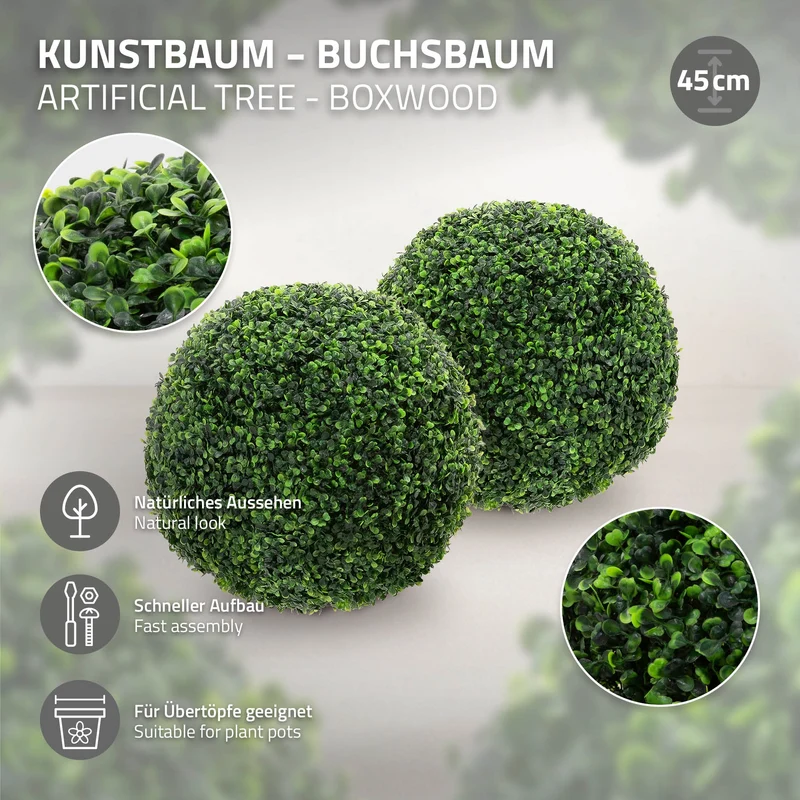 2er Set Künstlicher Buchsbaumkugel Ø45 cm Pflegeleichte Deko Kunstpflanze ML-Design
