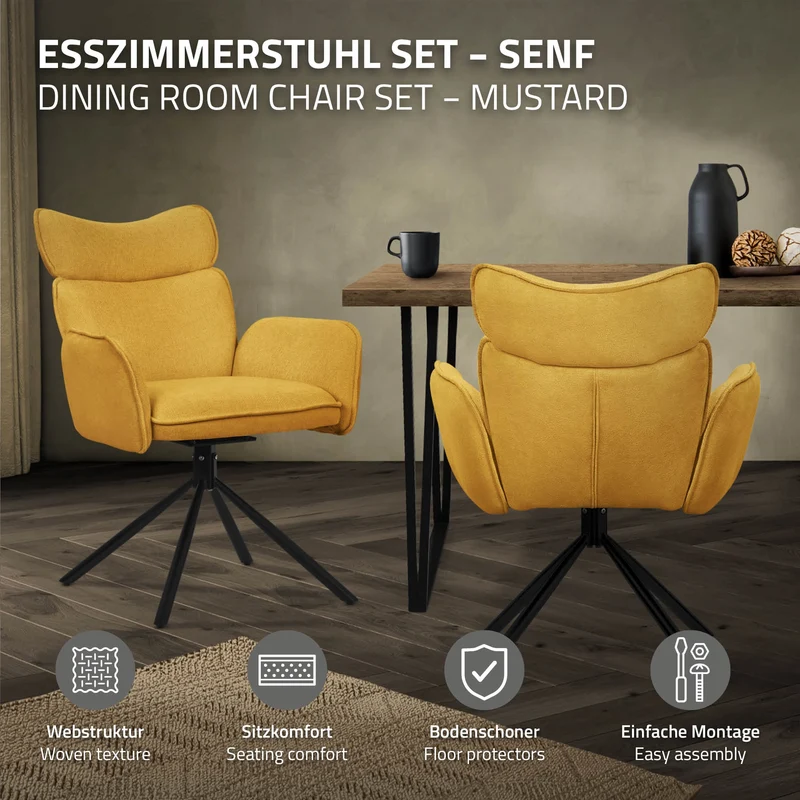 Esszimmerstuhl 6er Set drehbar Senf mit Rücken- und Armlehne bis 120 kg ML-Design