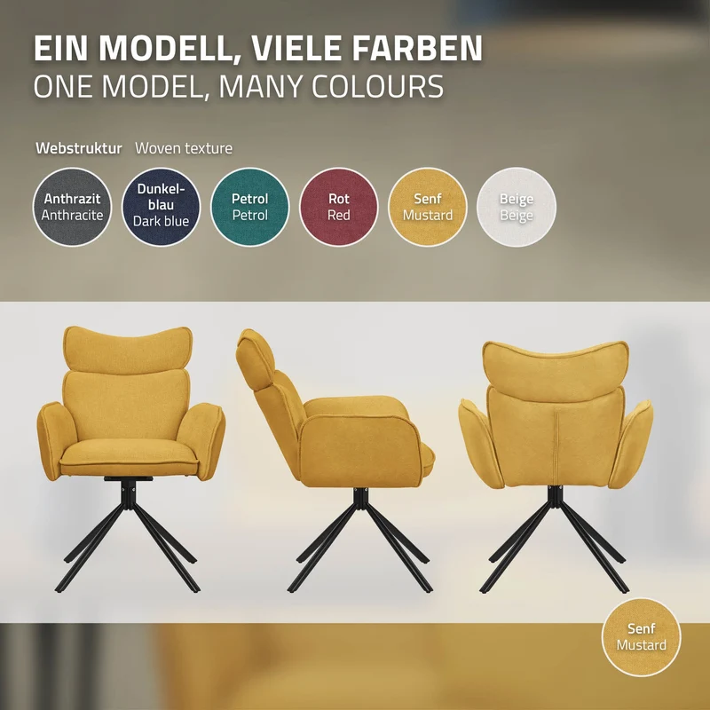 Esszimmerstuhl 6er Set drehbar Senf mit Rücken- und Armlehne bis 120 kg ML-Design