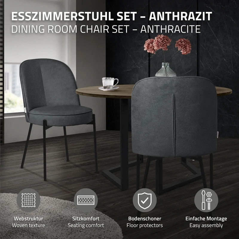 Esszimmerstühle 6er Set Anthrazit mit Rückenlehne, Polsterstühle für Esszimmer & Küche ML-Design