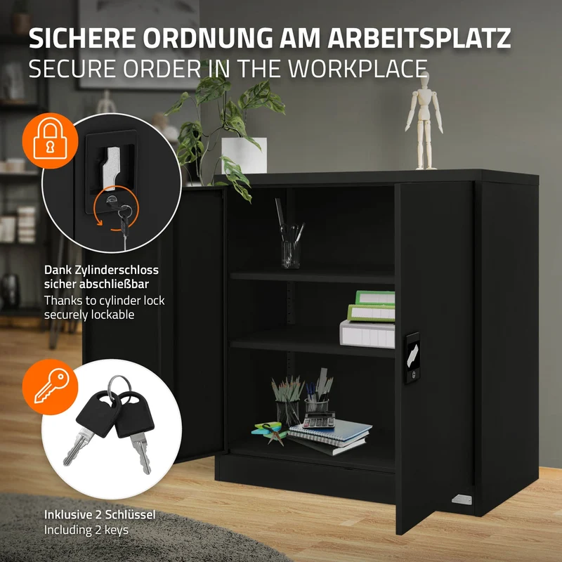 B-Ware Aktenschrank abschließbar 90x40x90 cm Schwarz aus Stahl ML-Design