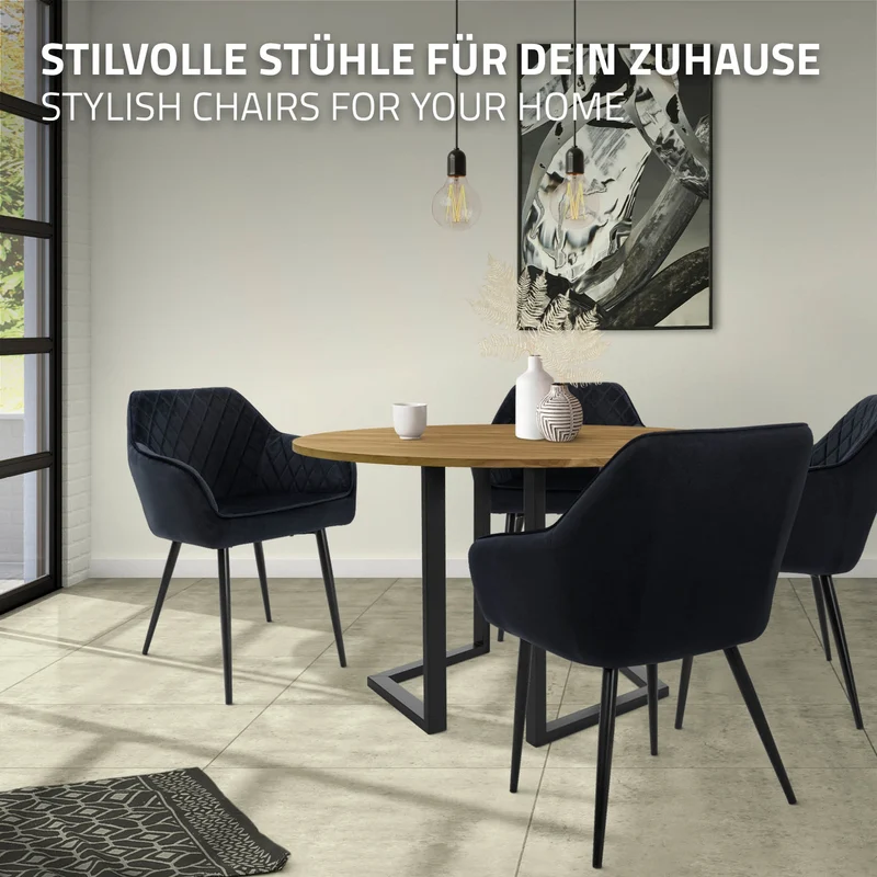 B-Ware Esszimmerstuhl 2er Set Rauten Steppung Schwarz Samtbezug mit Metallbeinen & Armlehne inkl. Montagematerial ML-Design