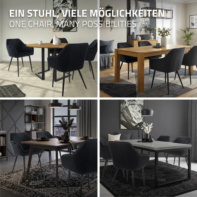 B-Ware Esszimmerstuhl 2er Set Rauten Steppung Schwarz Samtbezug mit Metallbeinen & Armlehne inkl. Montagematerial ML-Design