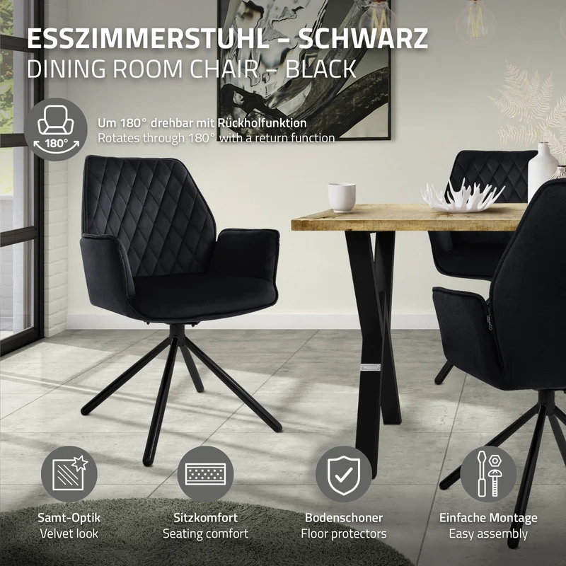 B-Ware Esszimmerstuhl drehbar mit Rücken- und Armlehnen Schwarz Küchenstuhl mit Microfaser-Samtbezug ML-Design