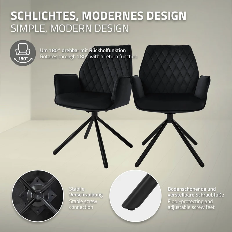 B-Ware Esszimmerstuhl drehbar mit Rücken- und Armlehnen Schwarz Küchenstuhl mit Microfaser-Samtbezug ML-Design