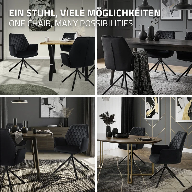 B-Ware Esszimmerstuhl drehbar mit Rücken- und Armlehnen Schwarz Küchenstuhl mit Microfaser-Samtbezug ML-Design