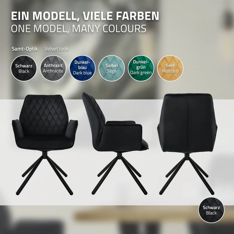 B-Ware Esszimmerstuhl drehbar mit Rücken- und Armlehnen Schwarz Küchenstuhl mit Microfaser-Samtbezug ML-Design