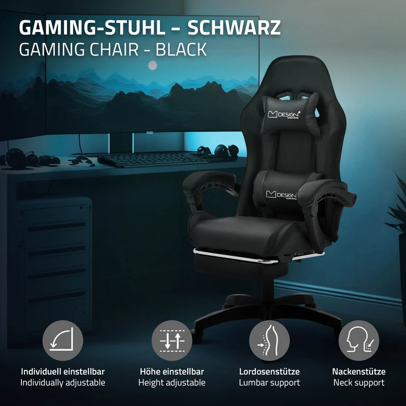 Gaming Stuhl mit Fußstütze und Armlehne Schwarz, aus Kunstleder ML-Design