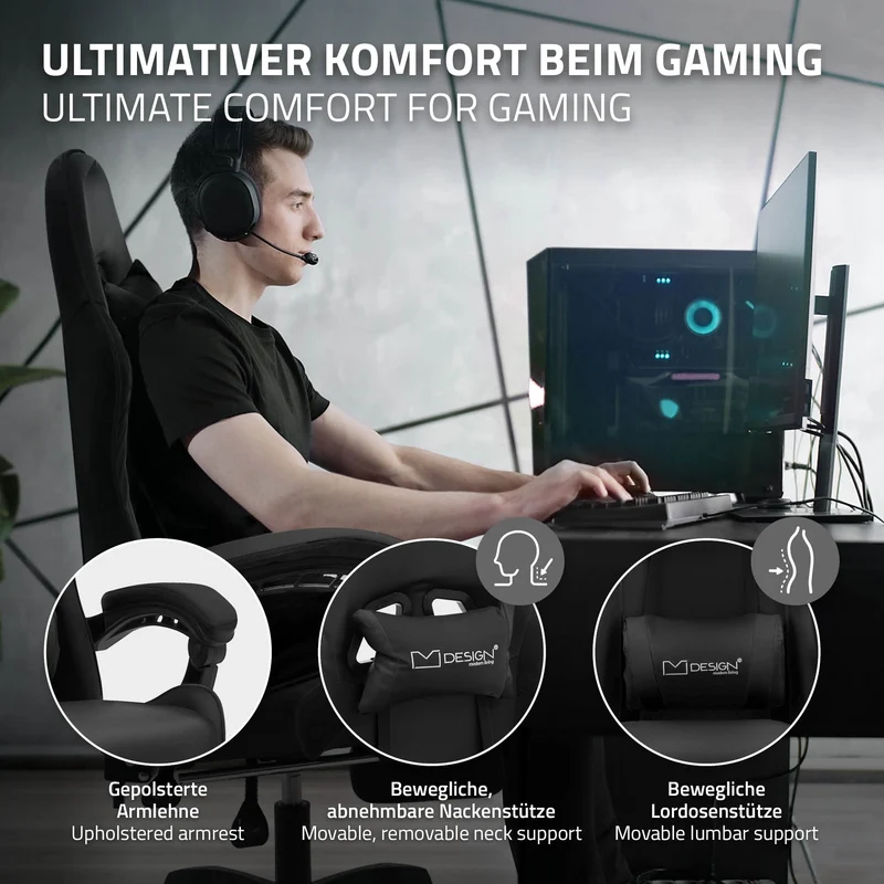 Gaming Stuhl mit Fußstütze und Armlehne Schwarz, aus Kunstleder ML-Design