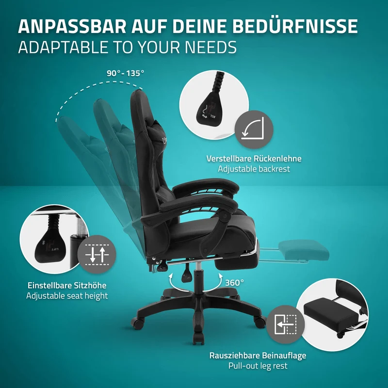 Gaming Stuhl mit Fußstütze und Armlehne Schwarz, aus Kunstleder ML-Design