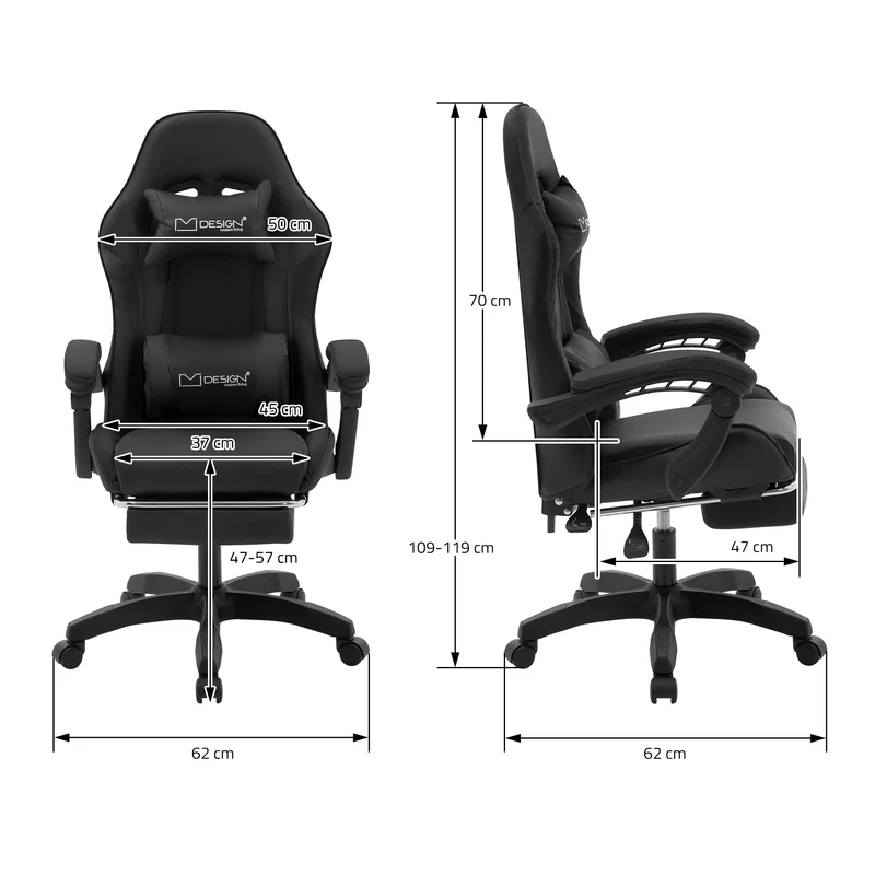 Gaming Stuhl mit Fußstütze und Armlehne Schwarz, aus Kunstleder ML-Design