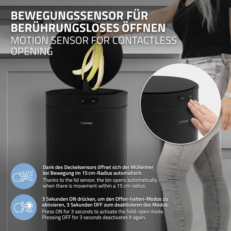 Mülleimer mit Sensor 40L rund aus Stahl Schwarz matt Automatisches Öffnen & Schließen ML-Design