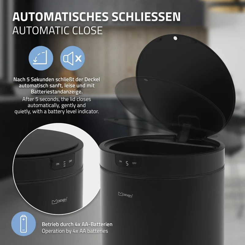Mülleimer mit Sensor 40L rund aus Stahl Schwarz matt Automatisches Öffnen & Schließen ML-Design