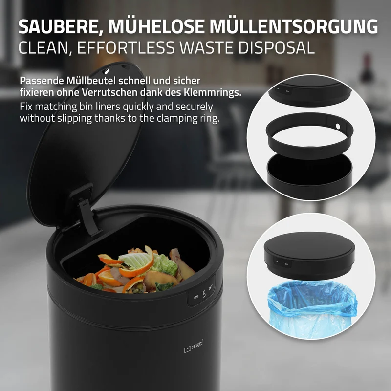Mülleimer mit Sensor 40L rund aus Stahl Schwarz matt Automatisches Öffnen & Schließen ML-Design