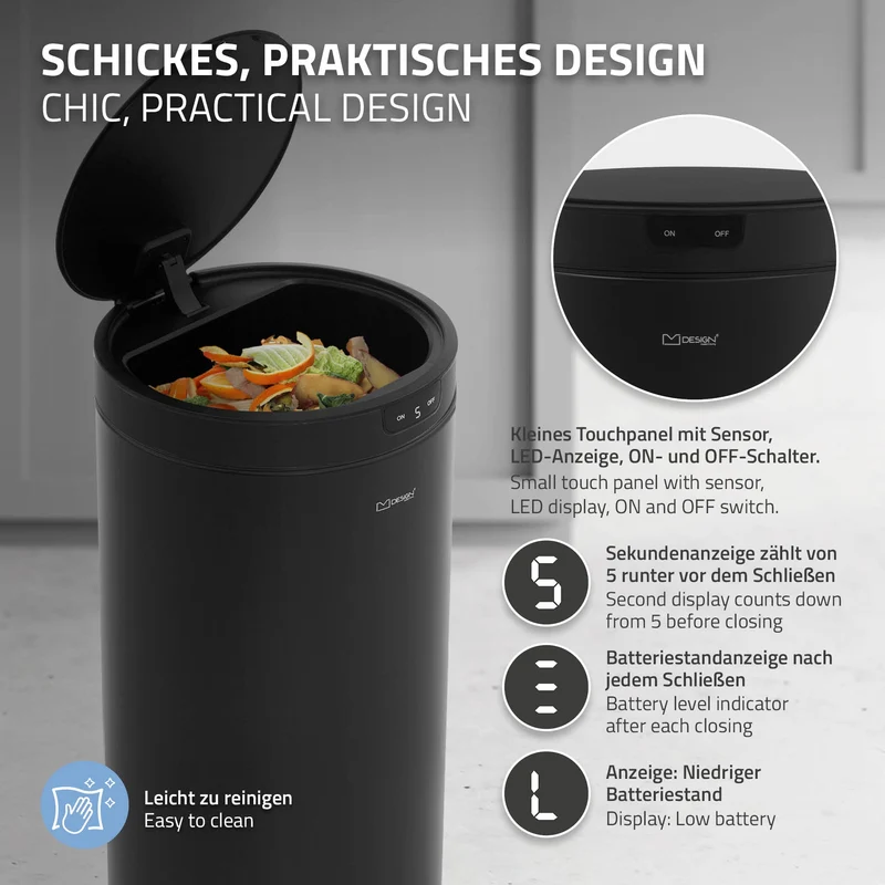 Mülleimer mit Sensor 40L rund aus Stahl Schwarz matt Automatisches Öffnen & Schließen ML-Design