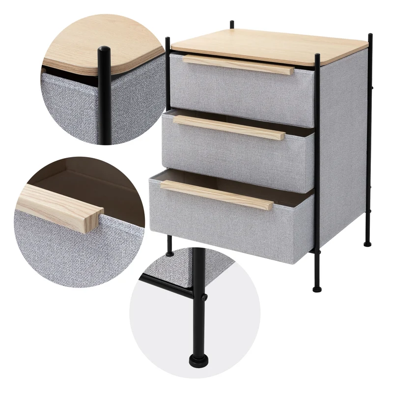 Kommode 58x78x42,5 cm Eiche aus Stahl, MDF mit 3 Stoff Schubladen ML Design