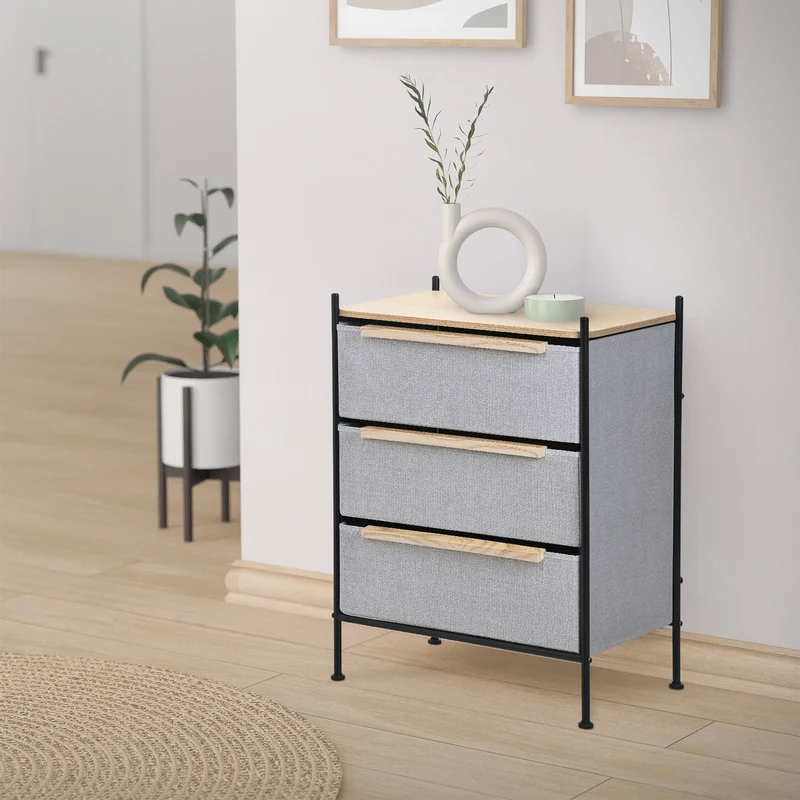 Kommode 58x78x42,5 cm Eiche aus Stahl, MDF mit 3 Stoff Schubladen ML Design