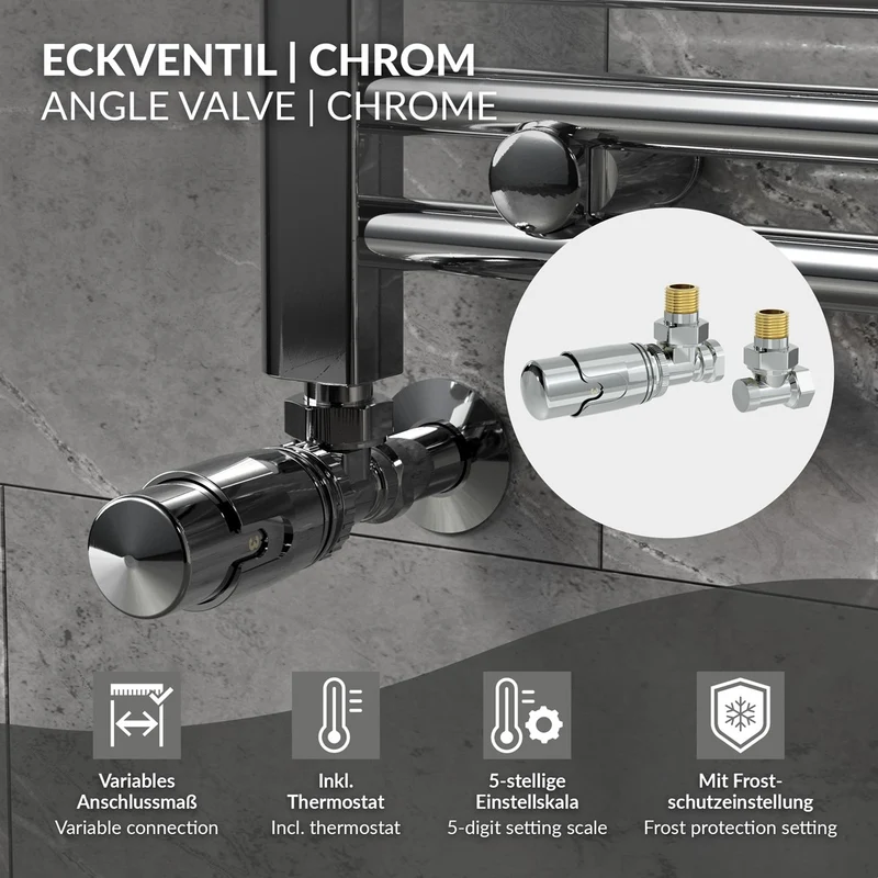 Thermostatventil + Rücklaufverschraubung für Heizkörper Chrom 1/2" Eckform Thermostatkopf LuxeBath