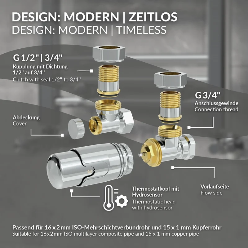 Thermostatventil + Rücklaufverschraubung für Heizkörper Chrom 1/2" Eckform Thermostatkopf LuxeBath