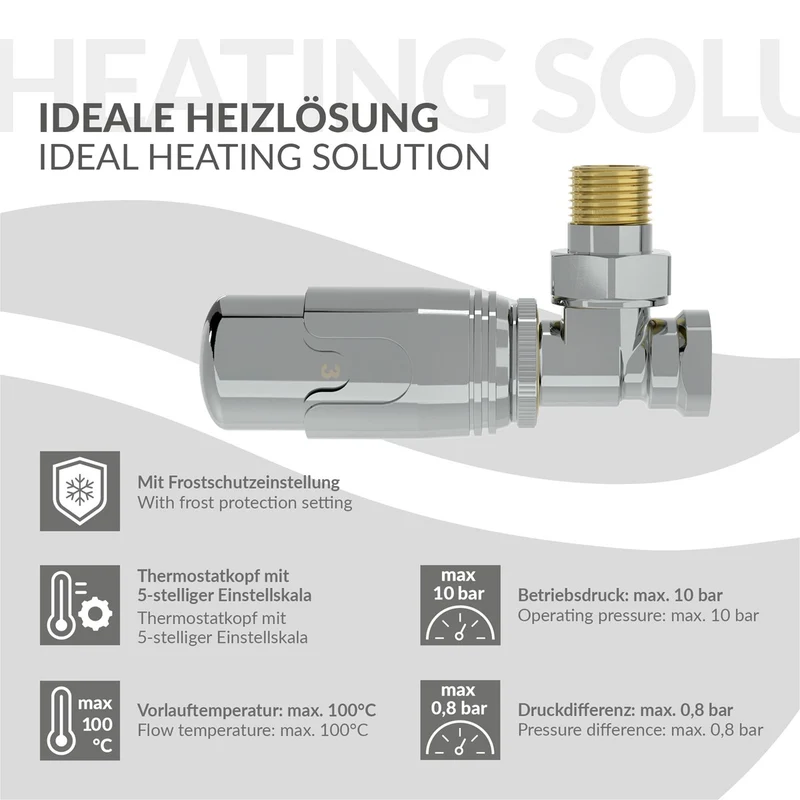 Thermostatventil + Rücklaufverschraubung für Heizkörper Chrom 1/2" Eckform Thermostatkopf LuxeBath