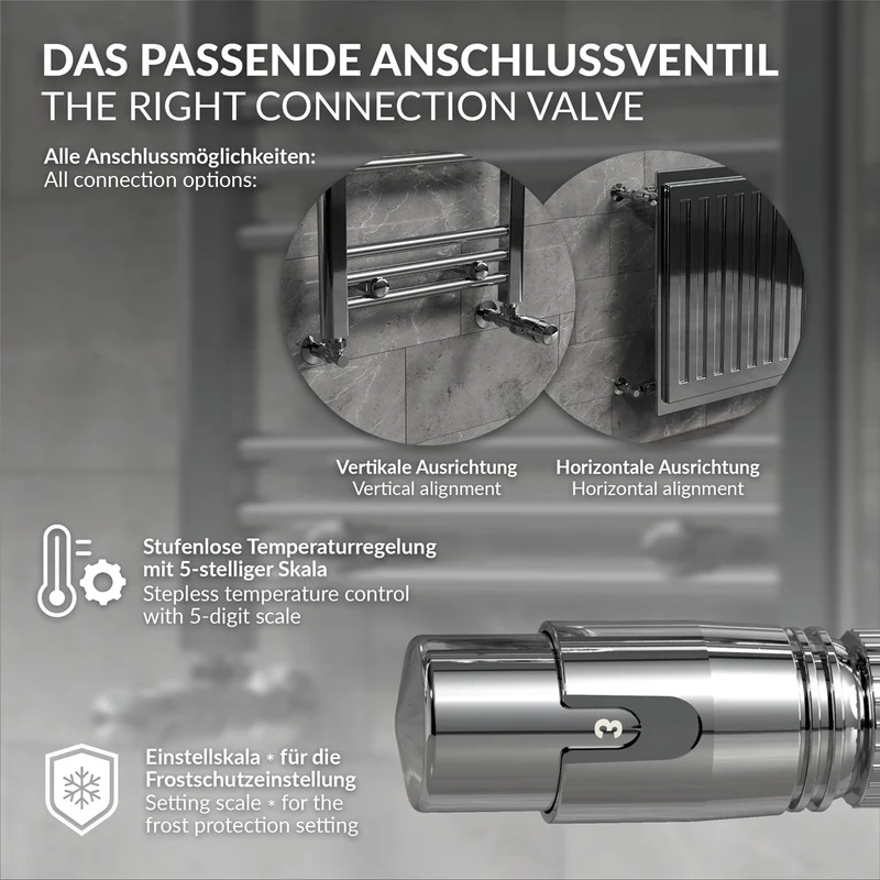Thermostatventil + Rücklaufverschraubung für Heizkörper Chrom 1/2" Eckform Thermostatkopf LuxeBath
