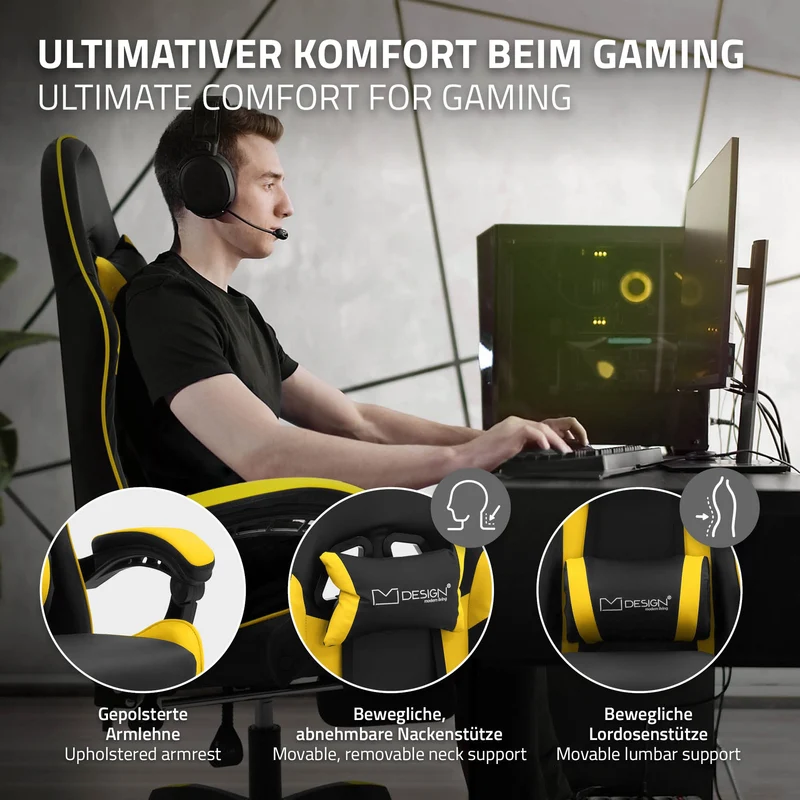 Gaming Stuhl mit Fußstütze und Armlehne Schwarz-Gelb, aus Kunstleder ML-Design