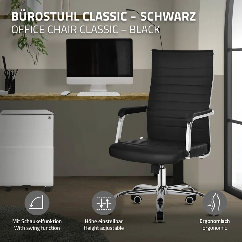 Ergonomischer Bürostuhl mit Armlehnen Schwarz mit Rollen & Wippfunktion ML-Design