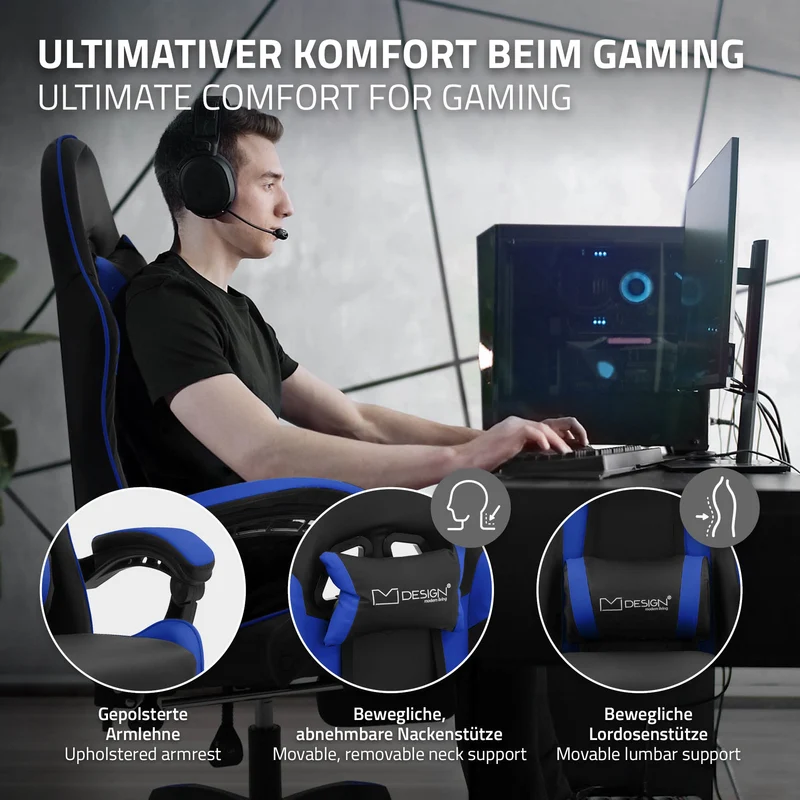 Gaming Stuhl mit Fußstütze und Armlehne Schwarz-Blau, aus Kunstleder ML-Design