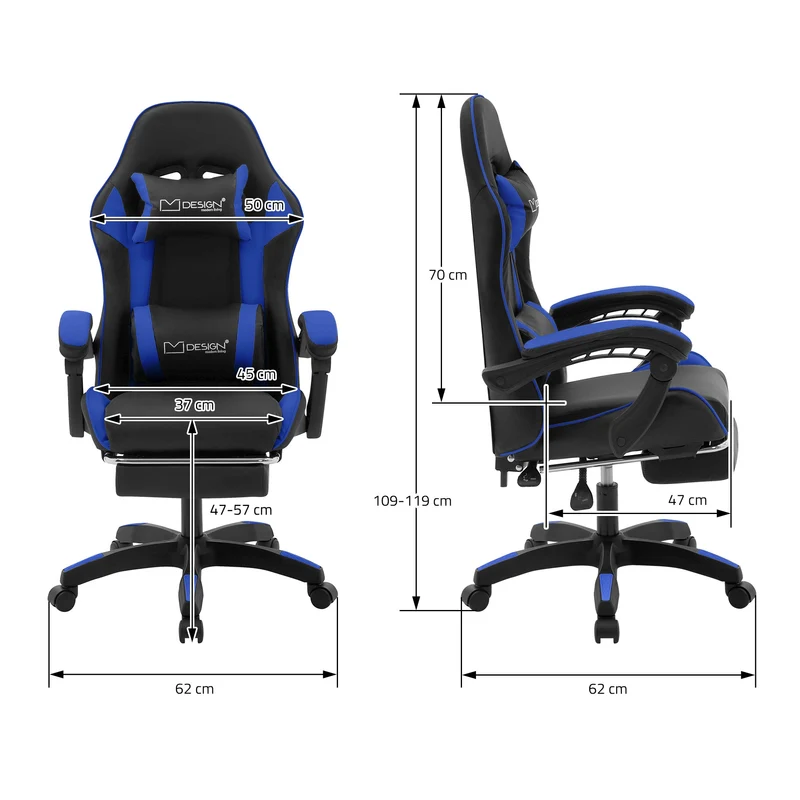 Gaming Stuhl mit Fußstütze und Armlehne Schwarz-Blau, aus Kunstleder ML-Design