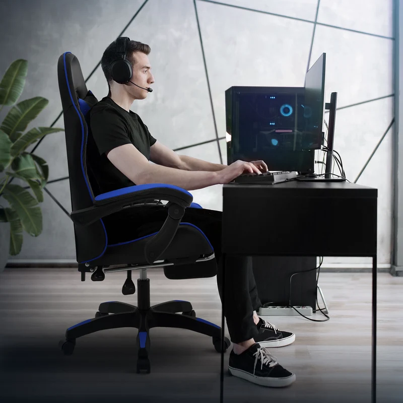 Gaming Stuhl mit Fußstütze und Armlehne Schwarz-Blau, aus Kunstleder ML-Design