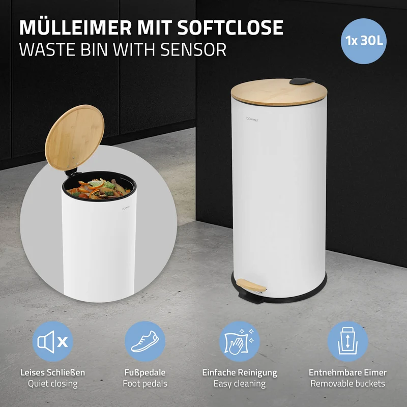 Mülleimer 30L rund mit Fußpedal, Weiß, Stahl, Treteimer mit Bambusdeckel Softclose ML-Design