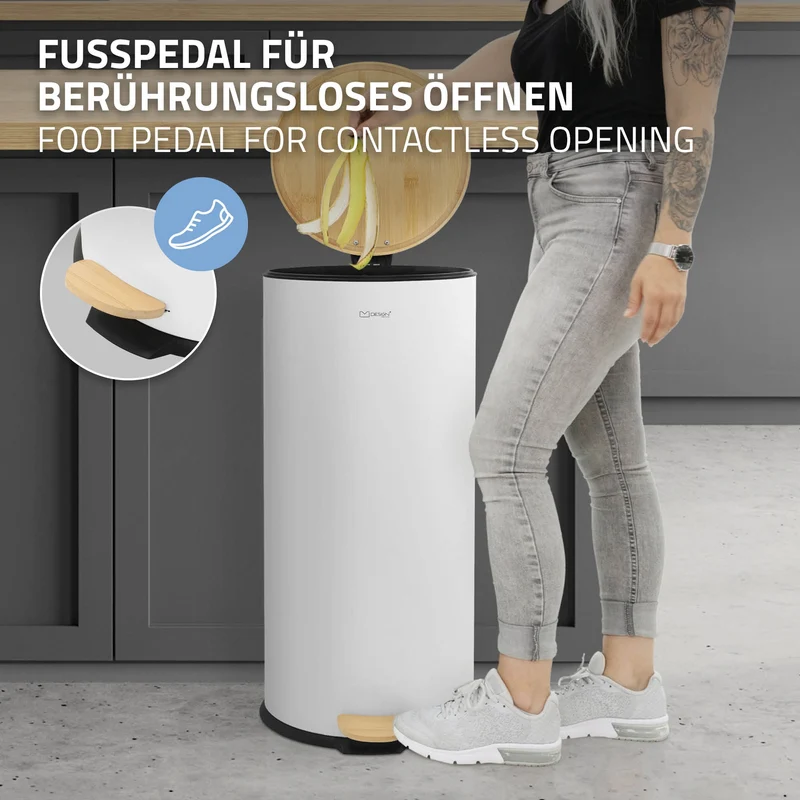 Mülleimer 30L rund mit Fußpedal, Weiß, Stahl, Treteimer mit Bambusdeckel Softclose ML-Design