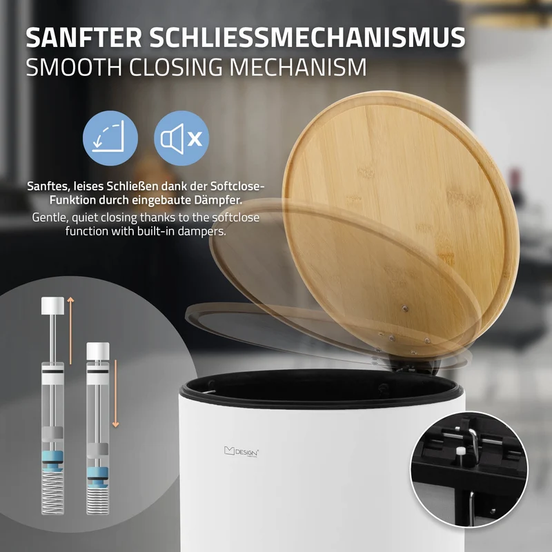 Mülleimer 30L rund mit Fußpedal, Weiß, Stahl, Treteimer mit Bambusdeckel Softclose ML-Design