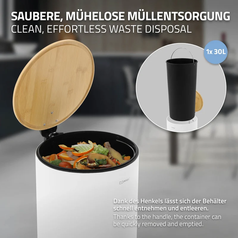 Mülleimer 30L rund mit Fußpedal, Weiß, Stahl, Treteimer mit Bambusdeckel Softclose ML-Design