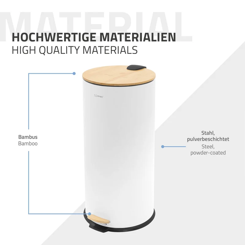 Mülleimer 30L rund mit Fußpedal, Weiß, Stahl, Treteimer mit Bambusdeckel Softclose ML-Design