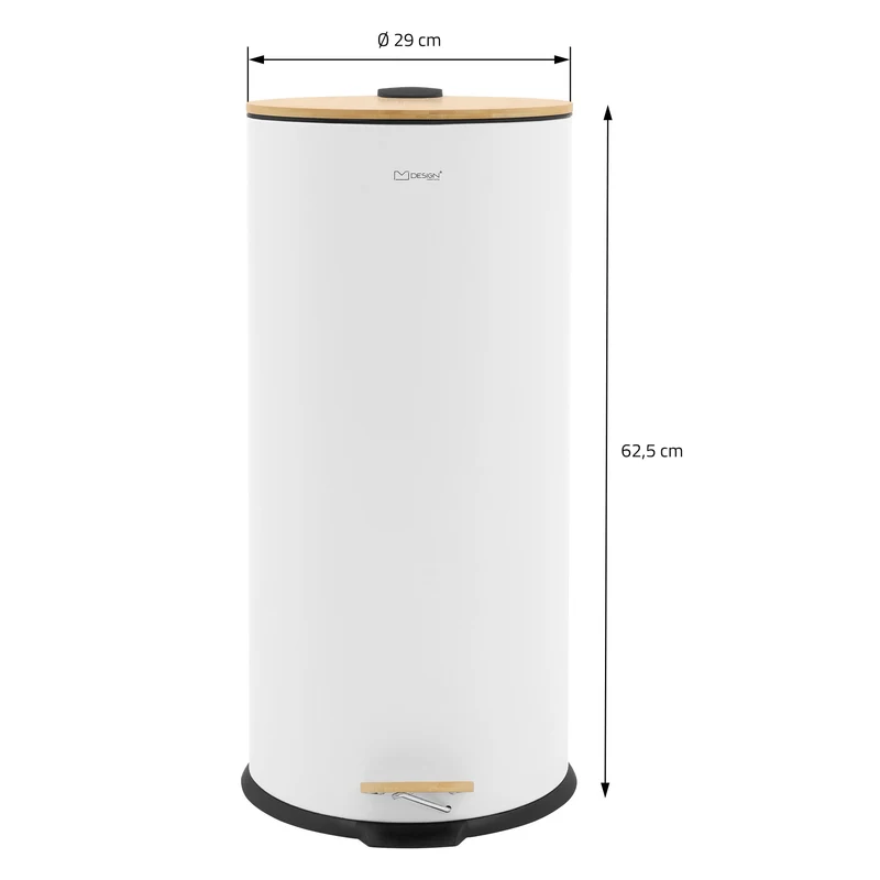 Mülleimer 30L rund mit Fußpedal, Weiß, Stahl, Treteimer mit Bambusdeckel Softclose ML-Design