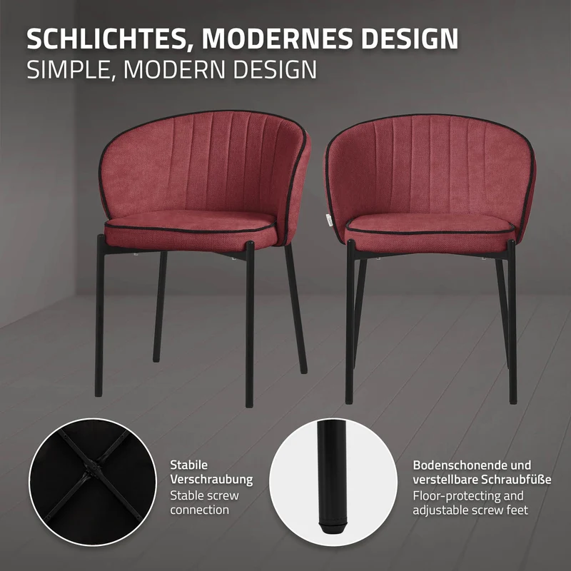 2er Set Esszimmerstühle mit Rücken- & Armlehne Rot mit Metallbeinen bis 120 kg ML-Design