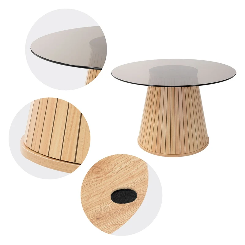 Couchtisch mit Glasplatte Ø80x50 cm Holz-Optik Braun Runder Wohnzimmertisch ML-Design