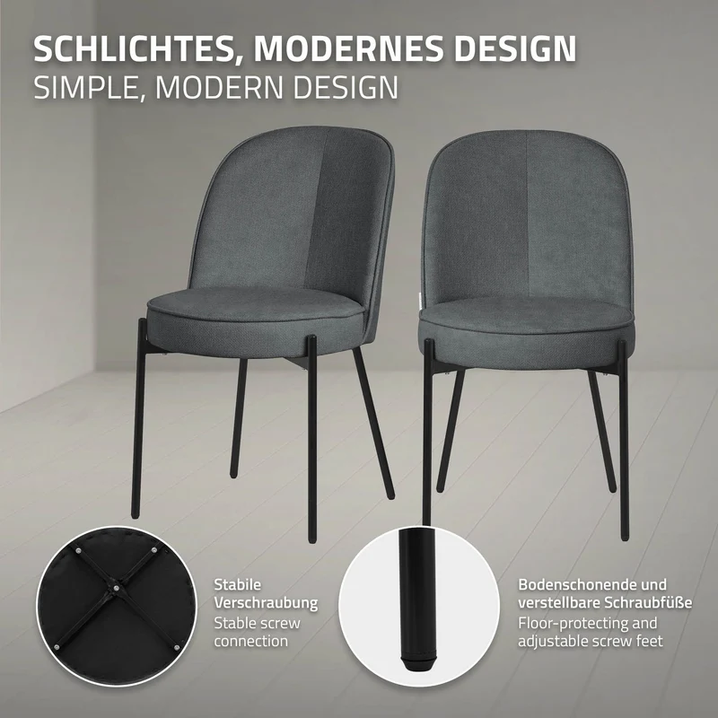 Esszimmerstühle 2er Set Anthrazit mit Rückenlehne, Polsterstühle für Esszimmer & Küche ML-Design
