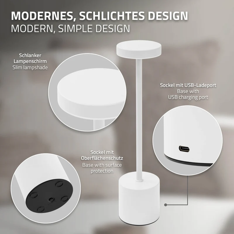 LED Tischlampe kabellos mit Touch, Weiß Ø8x34,5cm Akku Tischleuchte USB-C ML-Design