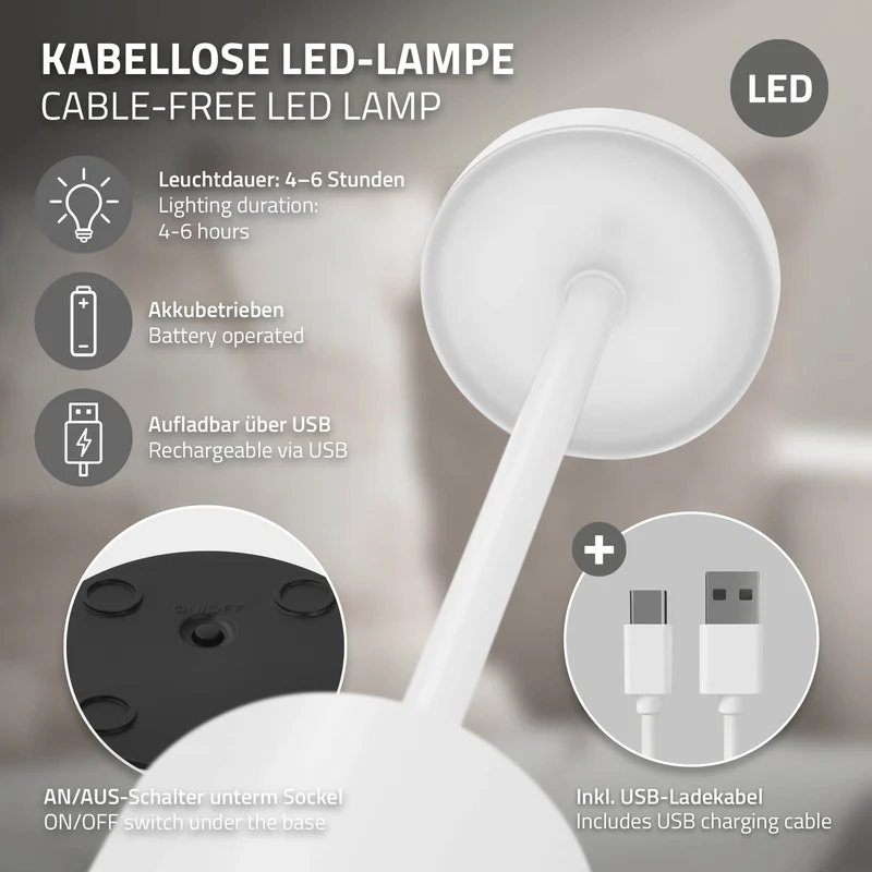 LED Tischlampe kabellos mit Touch, Weiß Ø8x34,5cm Akku Tischleuchte USB-C ML-Design