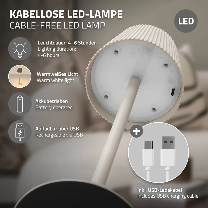 LED Tischlampe kabellos mit Touch, Creme, Ø10x36 cm, Akku Tischleuchte USB-C ML-Design