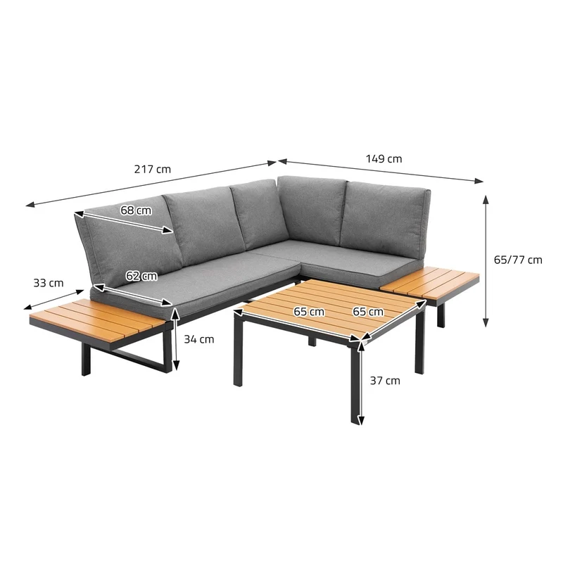 ML-Design | Gartenmöbel Set 3-Teilig für 4 Personen Grau-Holzoptik aus Stahl Loungegarnitur wetterfest Sitzgruppe frei kombinierbar