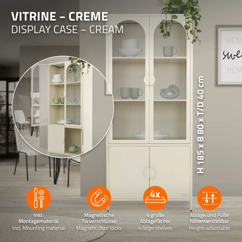 Vitrinenschrank 80x185x40 cm Creme mit 4 Ablage-/Regalfächer & 4 Türen Vitrine aus Stahl ML-Design
