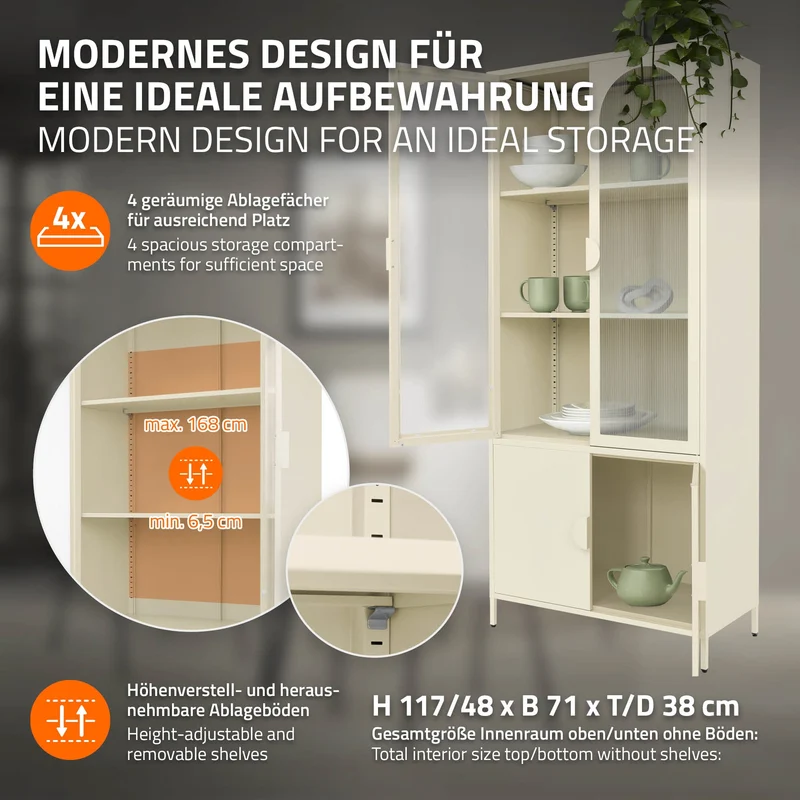 Vitrinenschrank 80x185x40 cm Creme mit 4 Ablage-/Regalfächer & 4 Türen Vitrine aus Stahl ML-Design