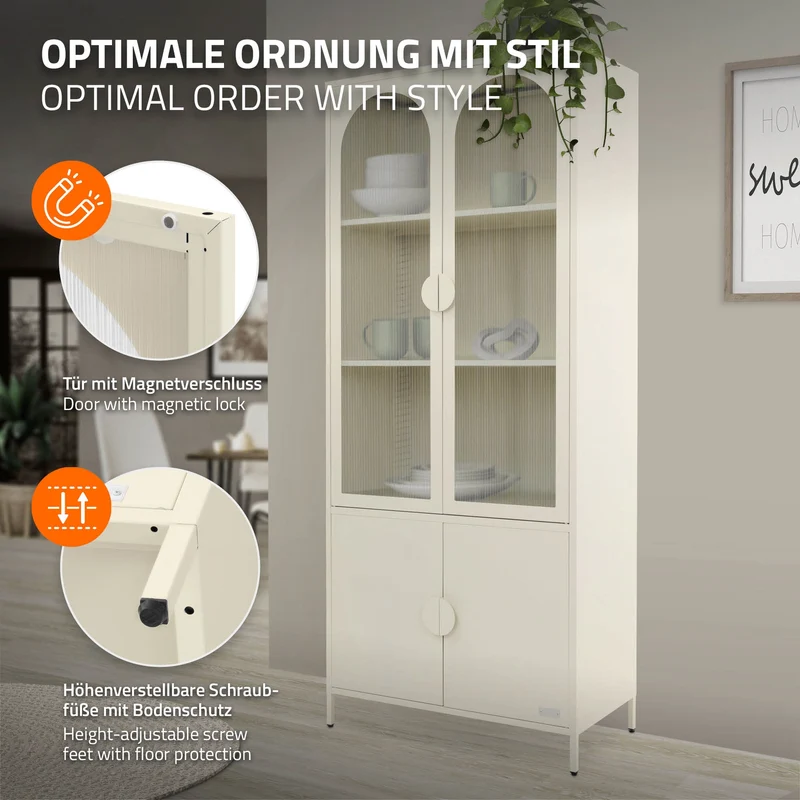 Vitrinenschrank 80x185x40 cm Creme mit 4 Ablage-/Regalfächer & 4 Türen Vitrine aus Stahl ML-Design
