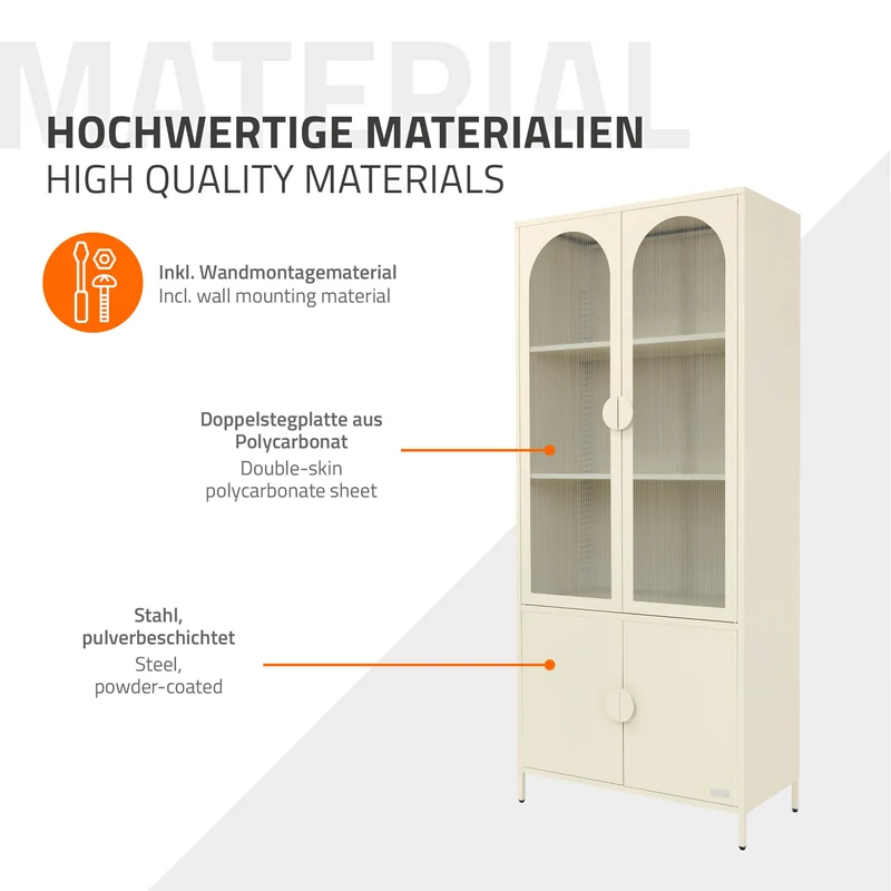 Vitrinenschrank 80x185x40 cm Creme mit 4 Ablage-/Regalfächer & 4 Türen Vitrine aus Stahl ML-Design